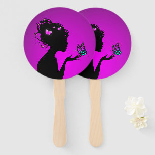 Éventail La femme papillons violets