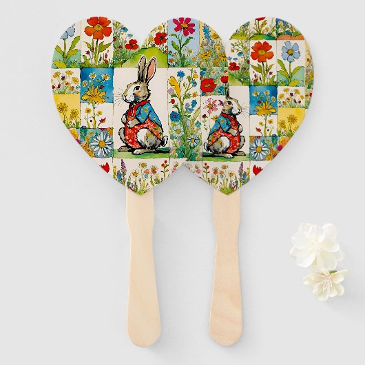 Éventail Lapin de Pâques Patchwork Floral (Devant et derrière)