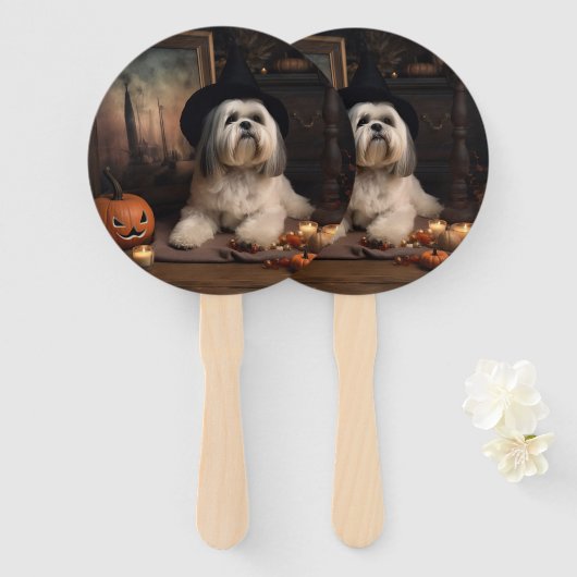 Éventail Lhasa Apso Citrouilles Halloween Épouvantable (Devant et derrière)