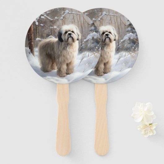 Éventail Lhassa Apso Laisse Neige Noël (Devant et derrière)