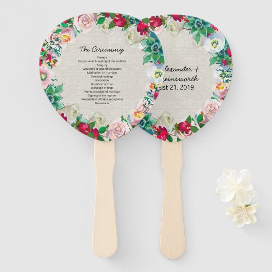 Éventail Linge Look Floral Wreath Programme de mariage Vent (Devant et derrière)