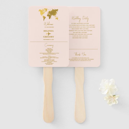 Éventail Livret de mariage Rose poudré Or Programme (Devant et derrière)