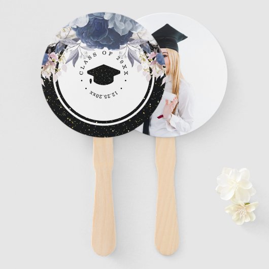 Éventail Luxury Black Gold Photo Floral Graduation (Devant et derrière)