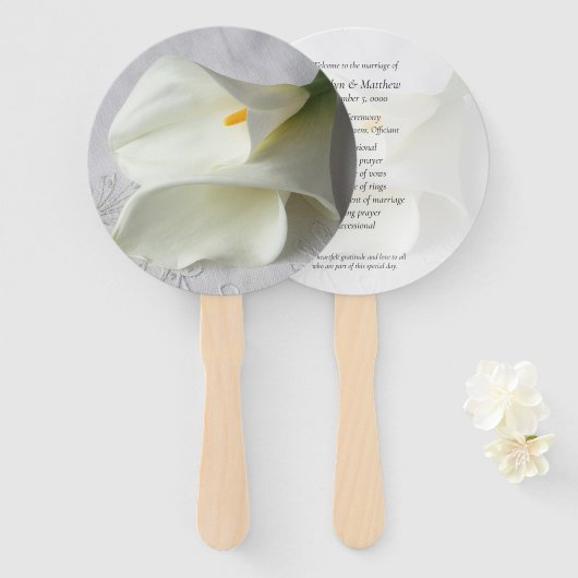 Éventail Lys calla blancs sur programme en lin  (Devant et derrière)