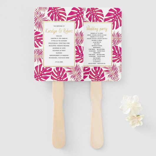 Éventail Magenta tropical et programme de mariage feuille d (Devant et derrière)