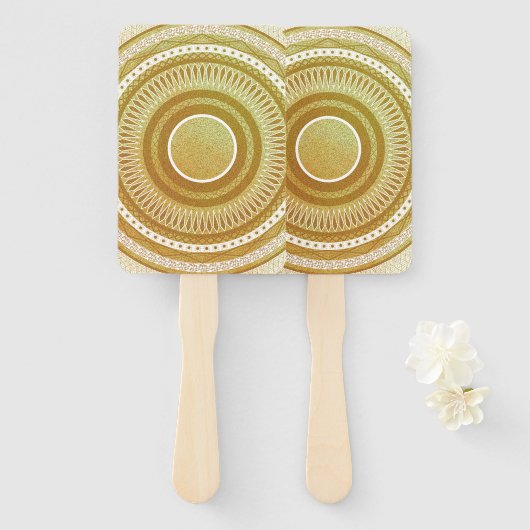 Éventail Mandala d'or et de paillettes (Devant et derrière)