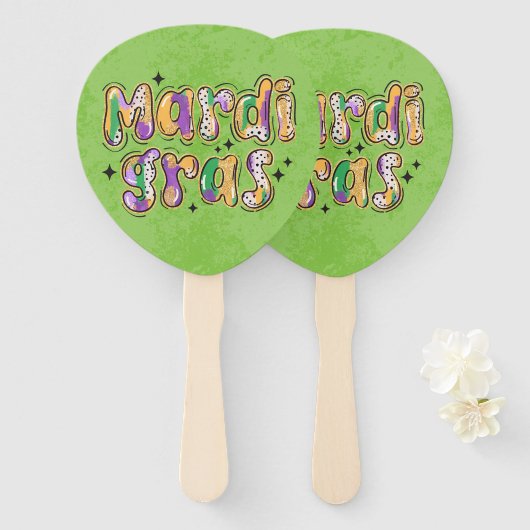Éventail Mardi Gras jaune vert pourpre (Devant et derrière)