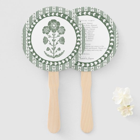 Éventail Mariage à impression botanique verte et blanche (Devant et derrière)