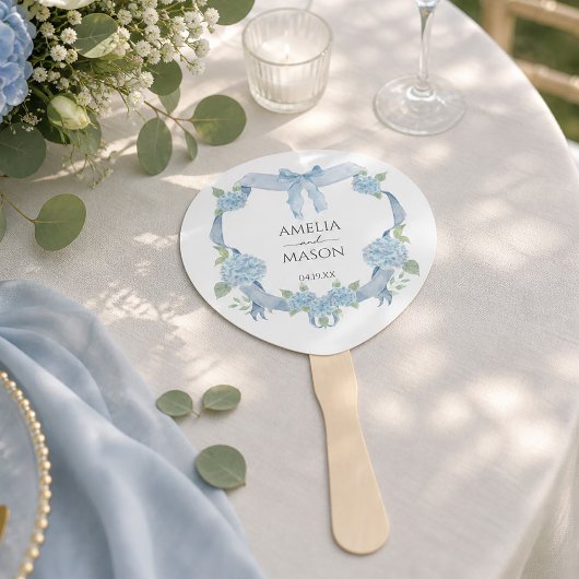 Éventail Mariage à l'aquarelle avec hydrangea bleu poussiér