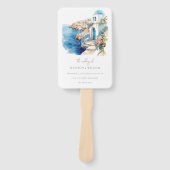 Éventail Mariage aquarelle personnalisé Grèce Santorin (Devant)