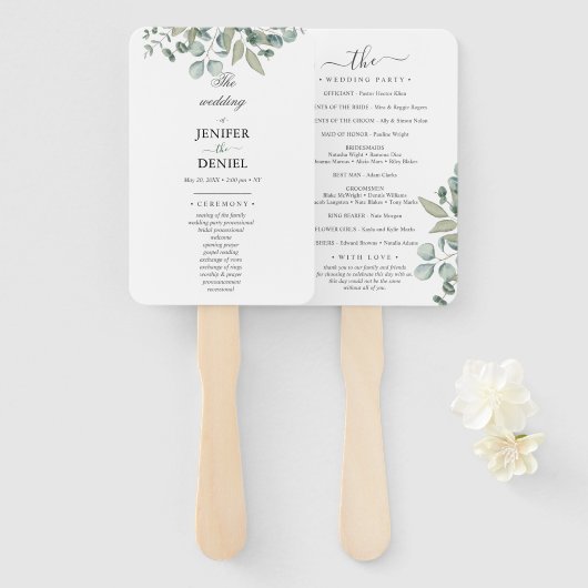 Éventail Mariage avec verdure d'eucalyptus (Devant et derrière)