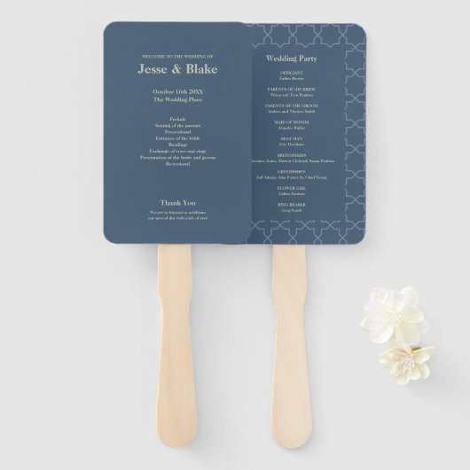 Éventail Mariage bleu avec Motif en lattes (Devant et derrière)