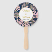 Éventail Mariage bleu marine feuille rose et or (Dos)