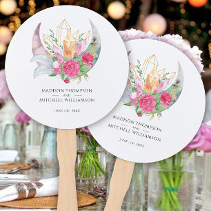Éventail Mariage Boho Lune Cristaux Plumes Fleurs Roses