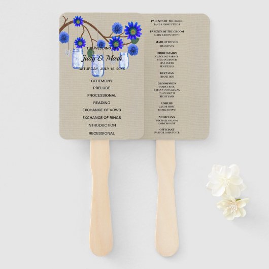Éventail Mariage Burlap bleu rustique Floral Mason Jars (Devant et derrière)