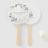 Éventail Mariage Calligraphie Or Eucalyptus Rustique F Main (Devant et derrière)