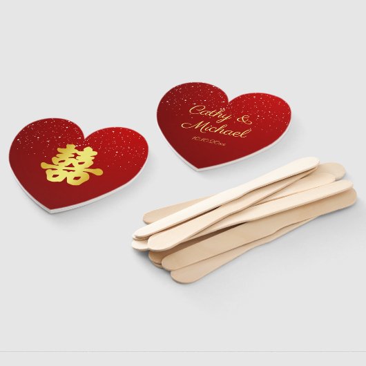 Éventail Mariage chinois rouge flocon de neige double bonhe (Non-assemblé)