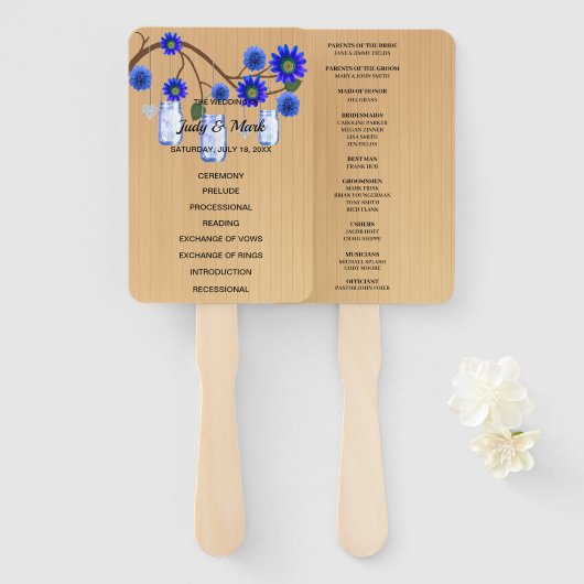 Éventail Mariage de bocal de Mason bleu rustique (Devant et derrière)