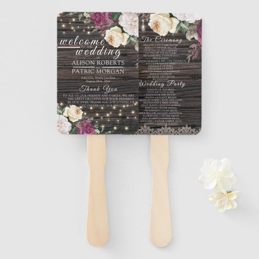 Éventail Mariage de bois rustique Lace Floral Wedding Progr (Devant et derrière)
