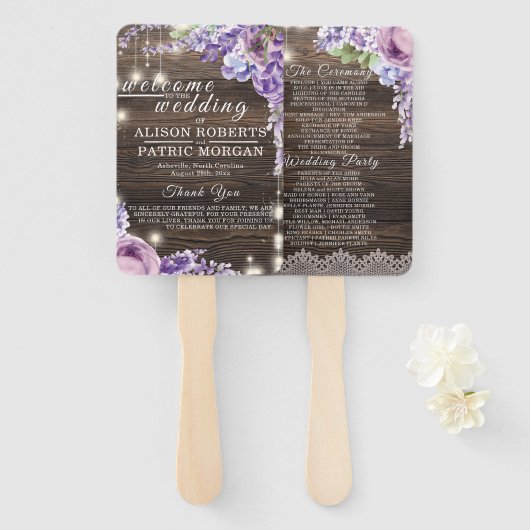 Éventail Mariage de bois rustique Lace Lavender Programme d (Devant et derrière)