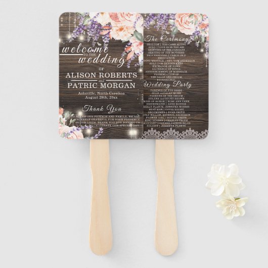 Éventail Mariage de bois rustique Lavender Lace Programme d (Devant et derrière)