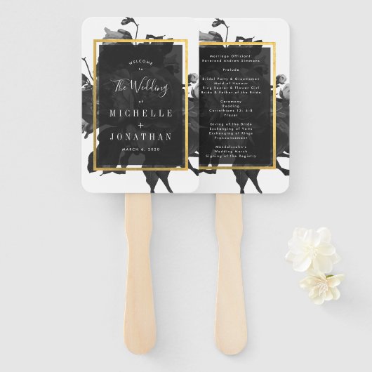 Éventail Mariage de bouquet Black Gold Rose (Devant et derrière)