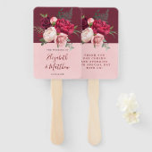 Éventail Mariage de bouquet floral rose bordeaux et bleu (Devant et derrière)