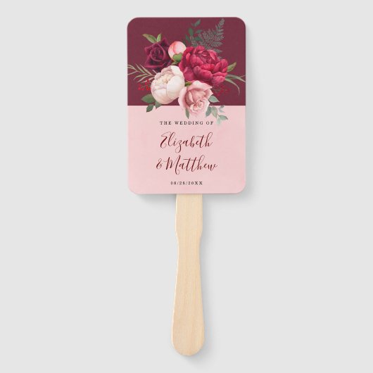 Éventail Mariage de bouquet floral rose bordeaux et bleu (Devant)