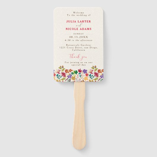 Éventail Mariage de fleurs de prés pourpre jaune moutarde d (Devant)