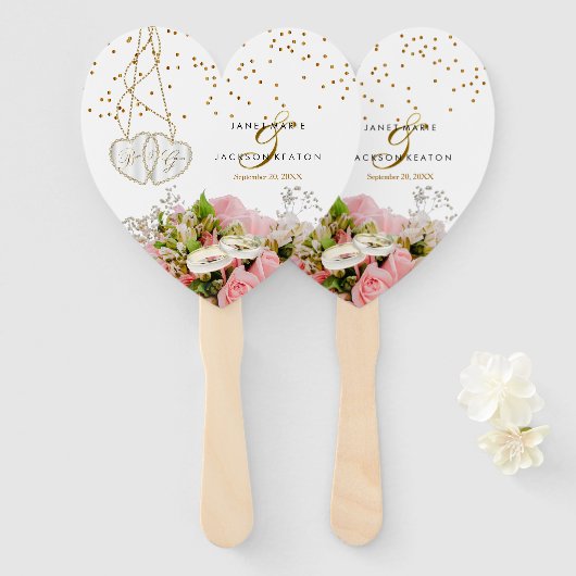 Éventail Mariage de fleurs rose (Devant et derrière)