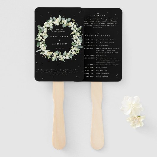 Éventail Mariage d'hiver Elégant Black Snowberry+Eucalyptus (Devant et derrière)