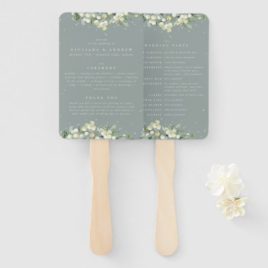 Éventail Mariage d'hiver Seafoam Green Snowberry+Eucalyptus (Devant et derrière)
