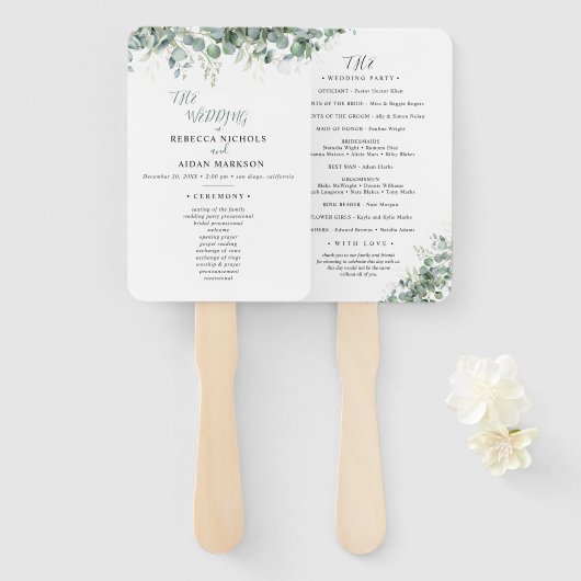 Éventail Mariage Élégant avec Verdure d'Eucalyptus (Devant et derrière)