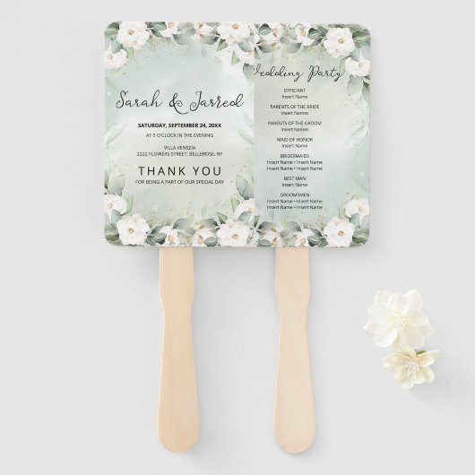 Éventail Mariage Feuille des Roses blanches (Devant et derrière)