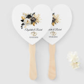 Éventail Mariage Fleurs Or Noir Blanc  (Devant et derrière)