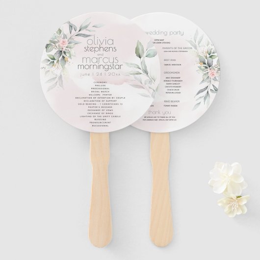 Éventail Mariage | Fleurs roses pâles Feuilles d'argent (Devant et derrière)