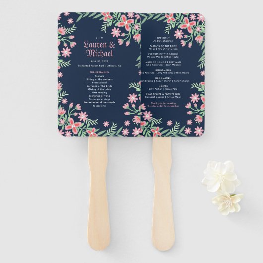 Éventail Mariage floral de printemps bleu bleu marine (Devant et derrière)