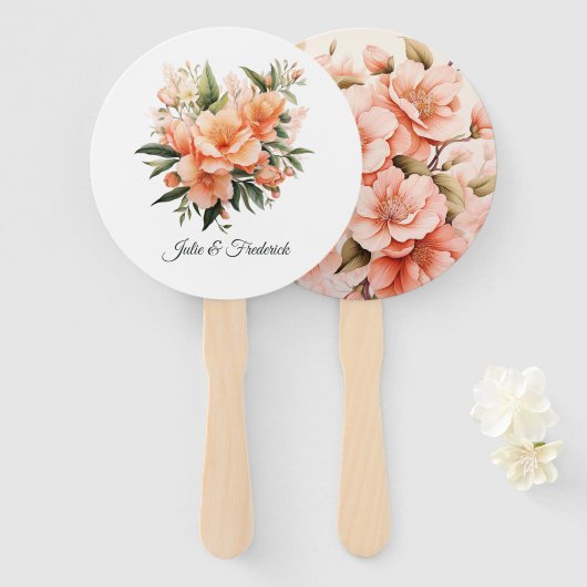 Éventail Mariage Floral Fuzz pêche (Devant et derrière)