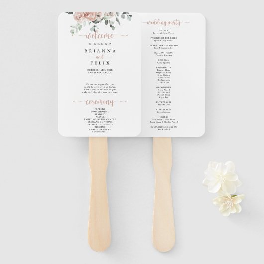 Éventail Mariage Floral Rose Poussiéreuse Classique (Devant et derrière)