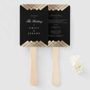 Éventail Mariage Gatsby d'or noir géométrique