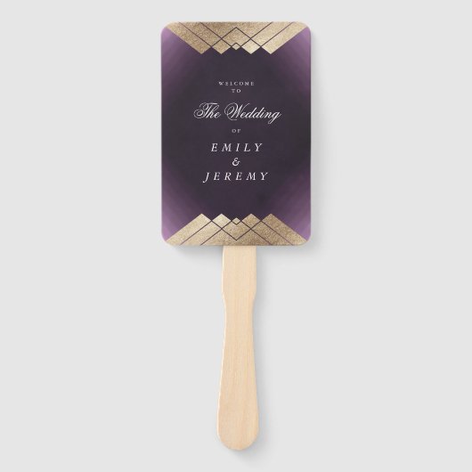 Éventail Mariage Gatsby d'or violet géométrique (Devant)