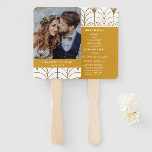 Éventail Mariage Géométrique Art Déco Gold White Gatsby (Devant et derrière)