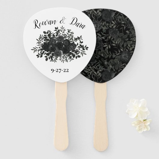Éventail Mariage gothique Rose noir blanc (Devant et derrière)