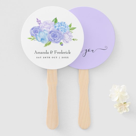 Éventail Mariage Hydrangea Bleu et Lavande Clair (Devant et derrière)