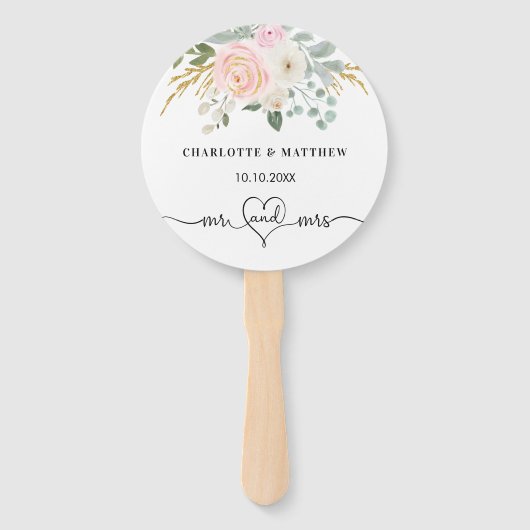 Éventail Mariage m mme heart script blush floral blanc (Devant)