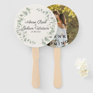 Éventail Mariage Moderne Blanc avec feuilles d'Eucalyptus
