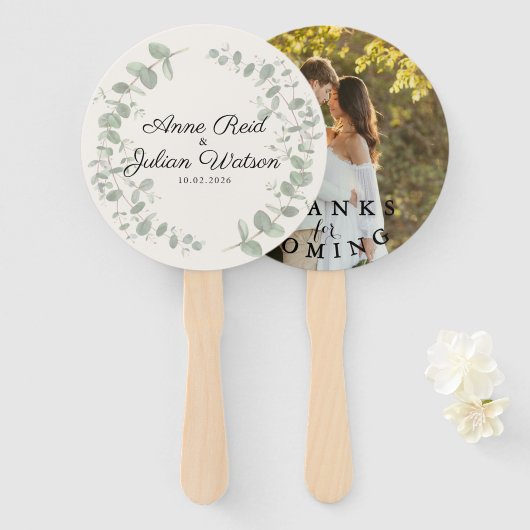 Éventail Mariage Moderne Blanc avec feuilles d'Eucalyptus (Devant et derrière)