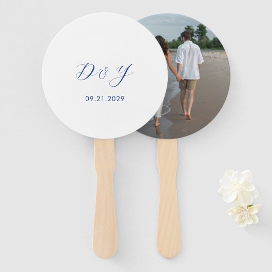Éventail Mariage Moderne Minimaliste Bleu Cobalt (Devant et derrière)