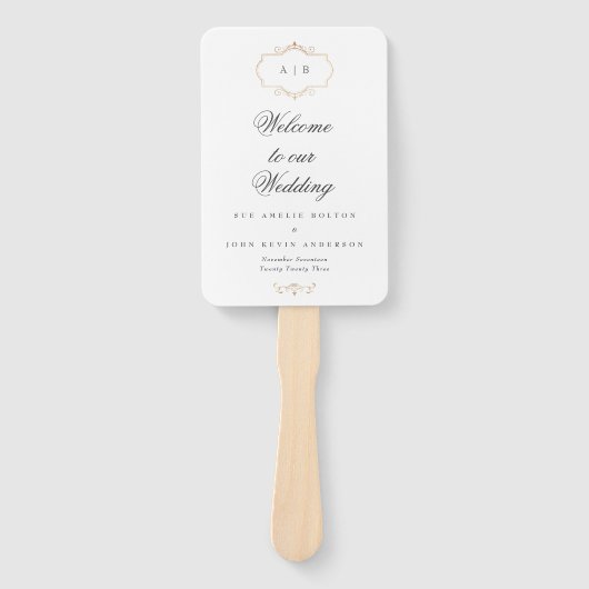 Éventail mariage monogramme or classique romantique (Devant)