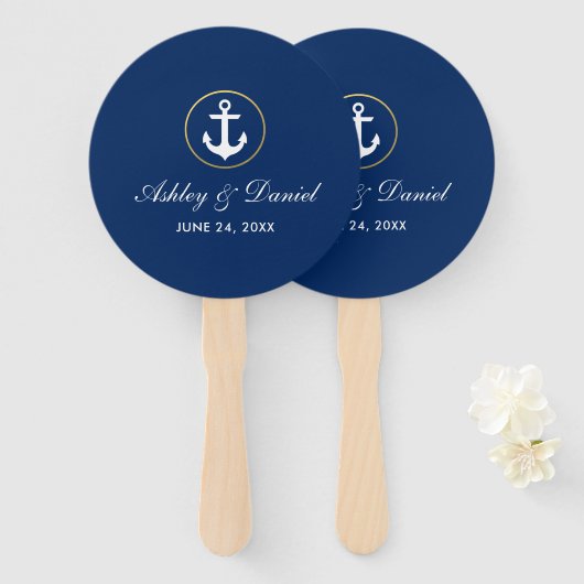 Éventail Mariage Nautique Bleu et Gold Round (Devant et derrière)
